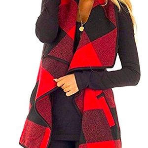 Womens XXL Buffalo Plaid Casual Lapel Open Front Vest Cardigan Coat with Pockets
